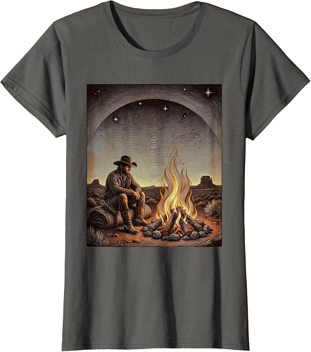 Women's Campfire Starry Night Western Wilderness Design T-Shirt - Asphalt Grey
