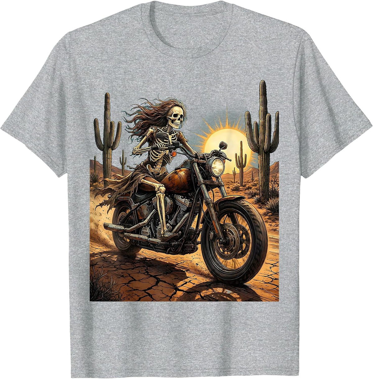 Men's Skeleton Biker Riding Motorcycle Through Desert T-Shirt - Heather Grey