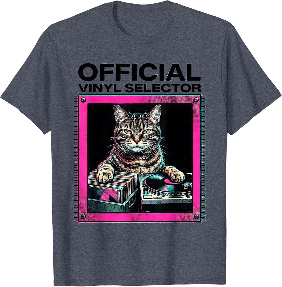 Official Vinyl Selector Risograph Funny Cat DJ Rock Music T-Shirt - Heather Blue