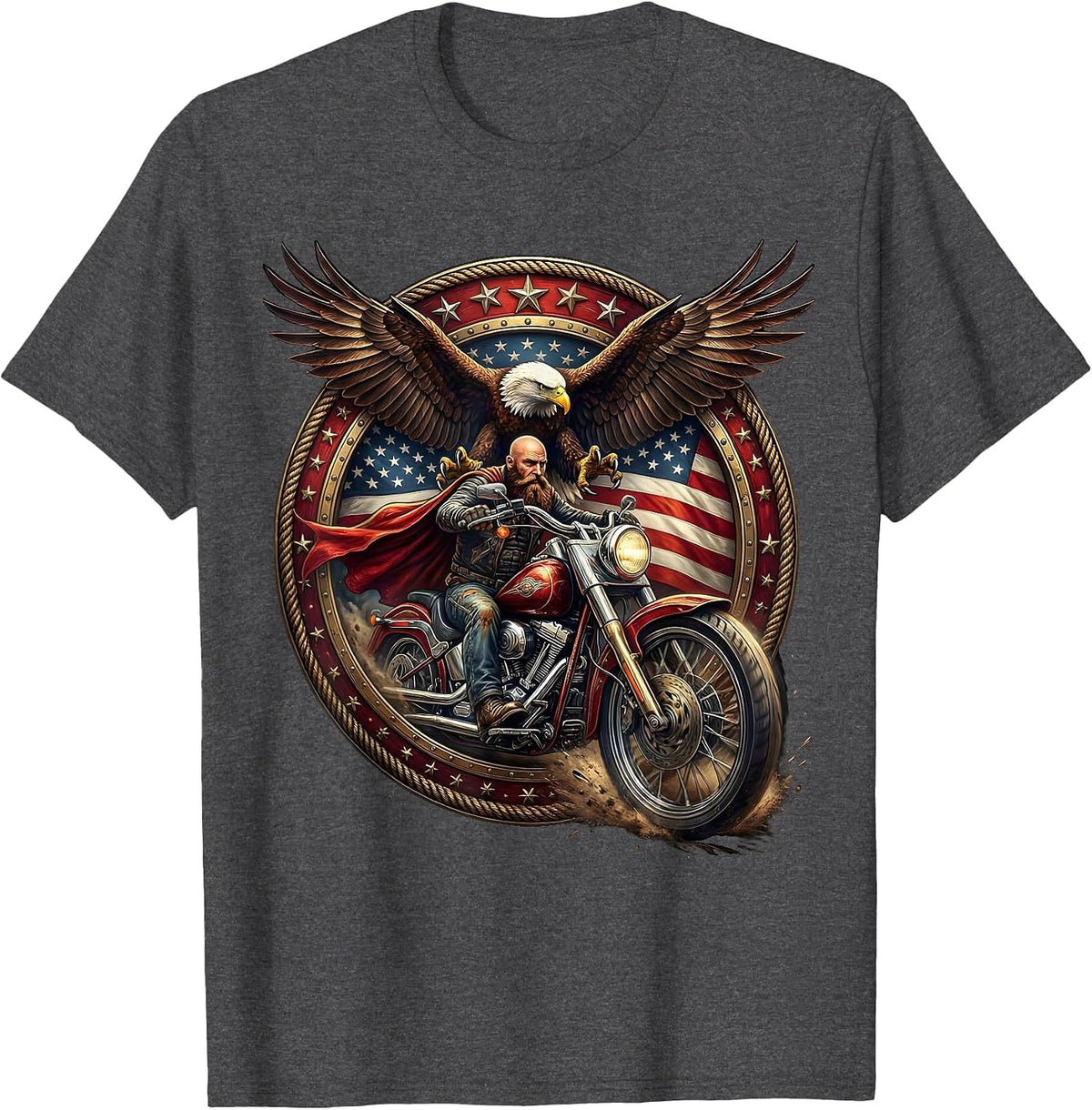 Bearded Biker American Flag Cape Motorcycle Rider T-Shirt - Dark Heather Grey