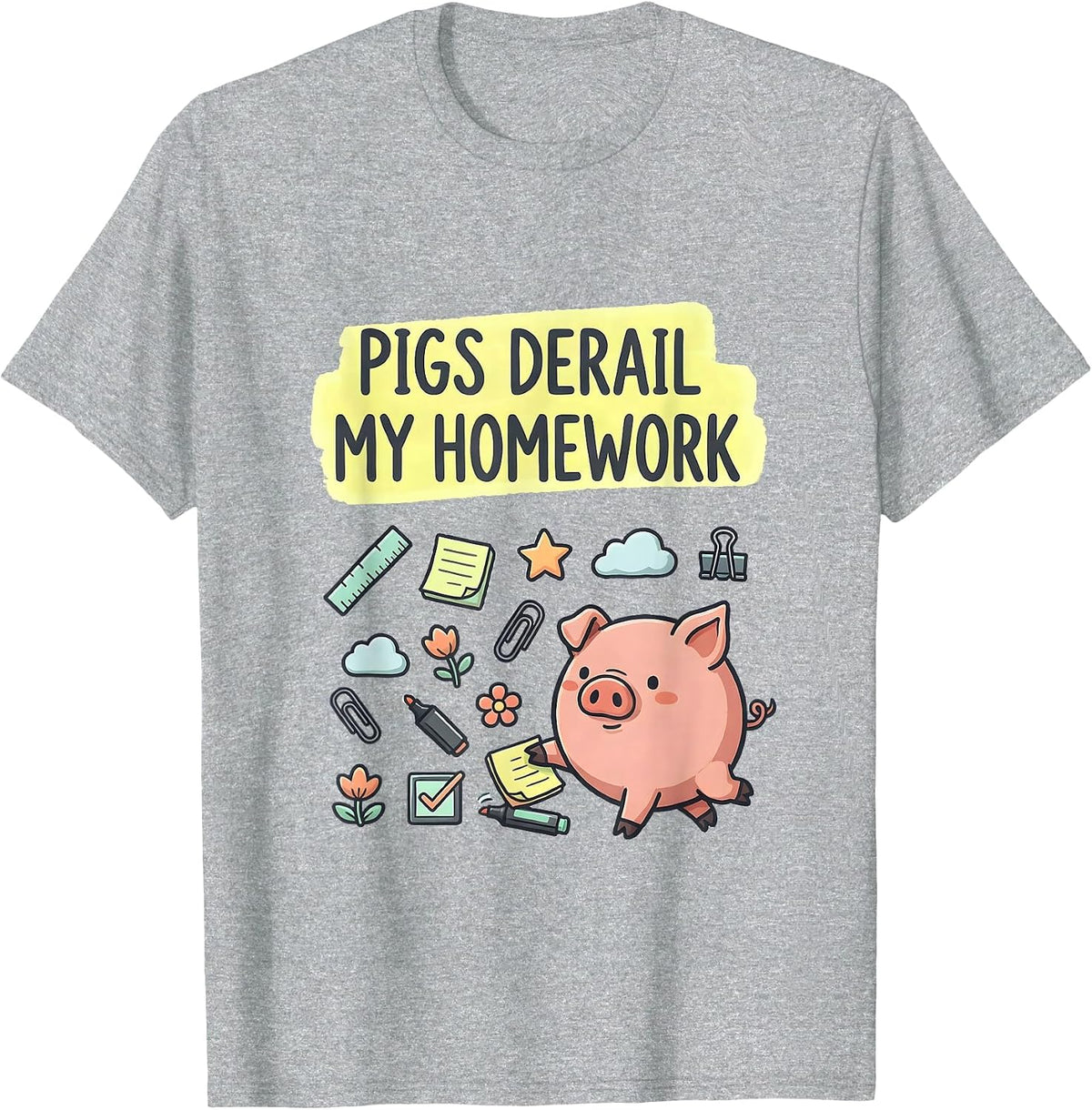 Men's Pigs Derail My Homework Funny Pig Lover Kawaii Stationery T-Shirt - Heather Grey