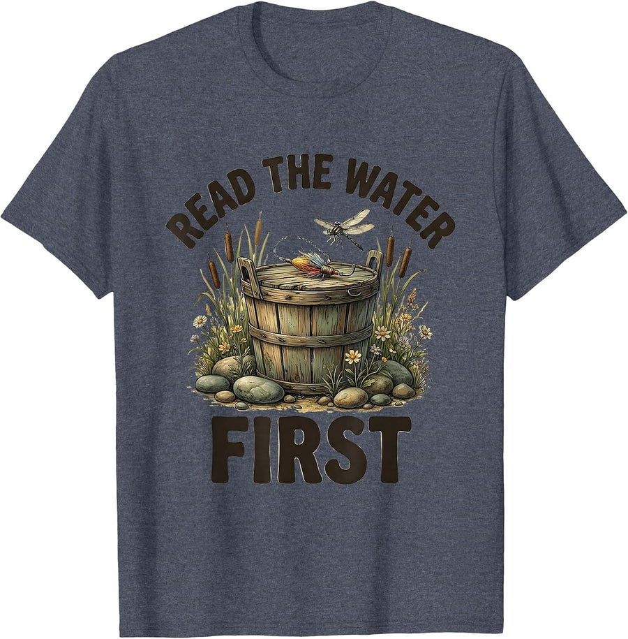 Read the Water First Fly Fishing Design T-Shirt - Heather Blue