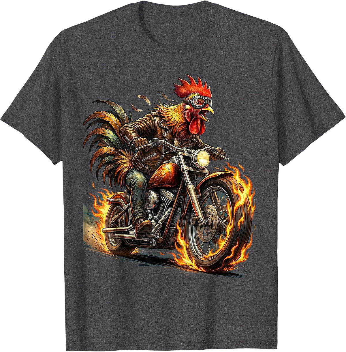 Flaming Motorcycle Chicken Graphic Tee T-Shirt - Dark Heather Grey