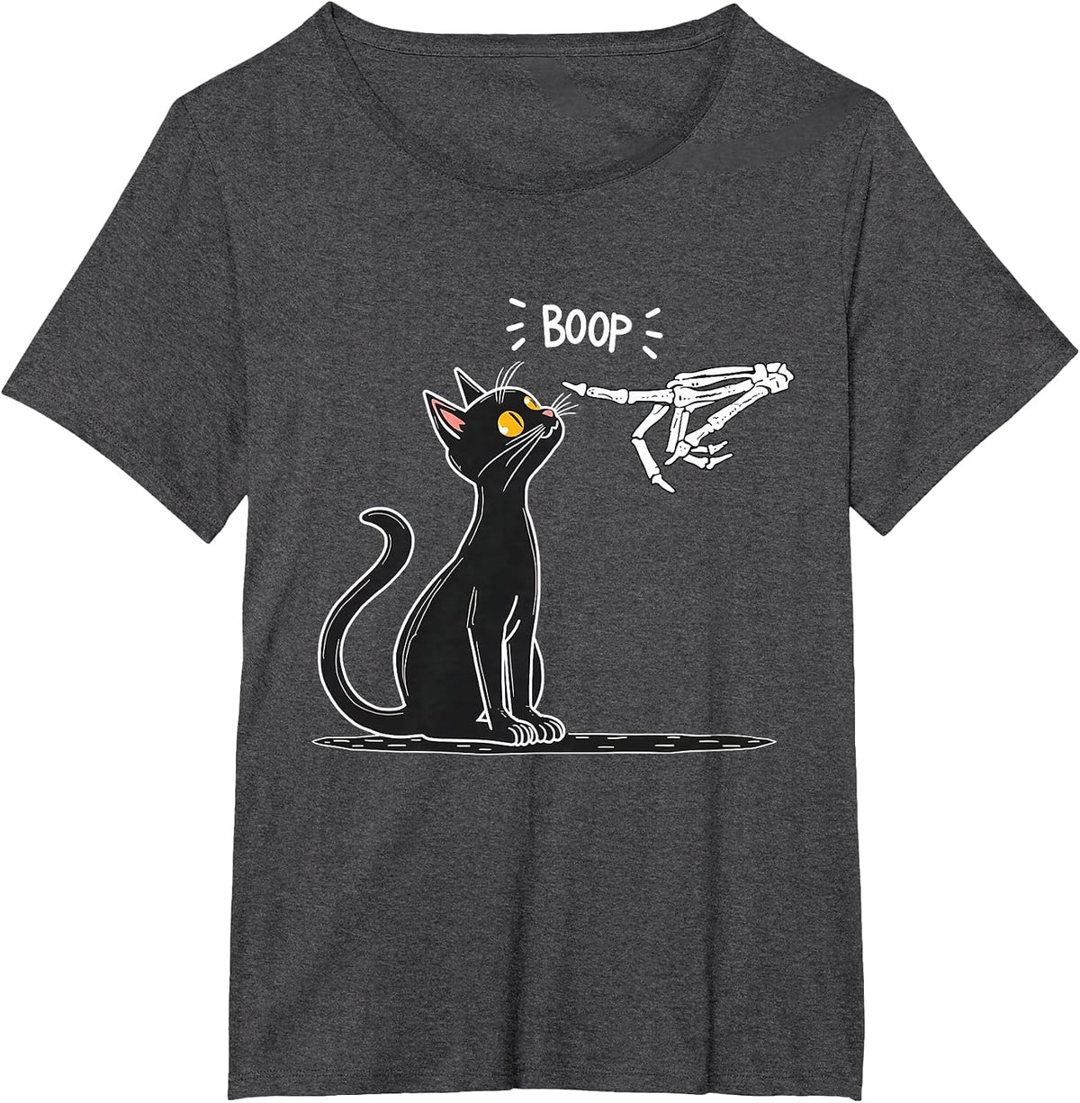 Black Cat Skeleton Hand Boop Halloween T-Shirt - Dark Heather Grey