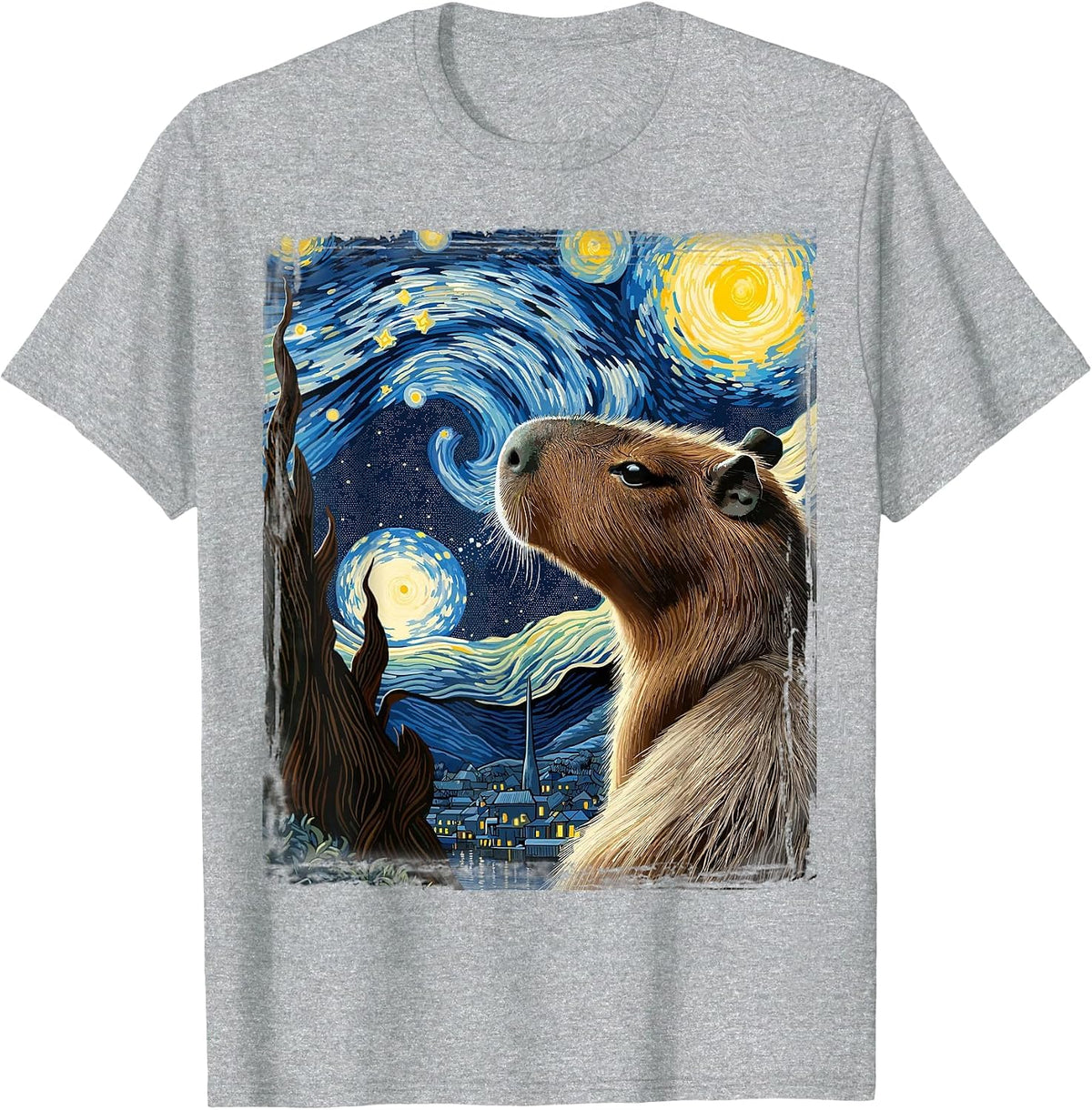 Van Gogh Style Starry Night Capybara T-Shirt - Heather Grey