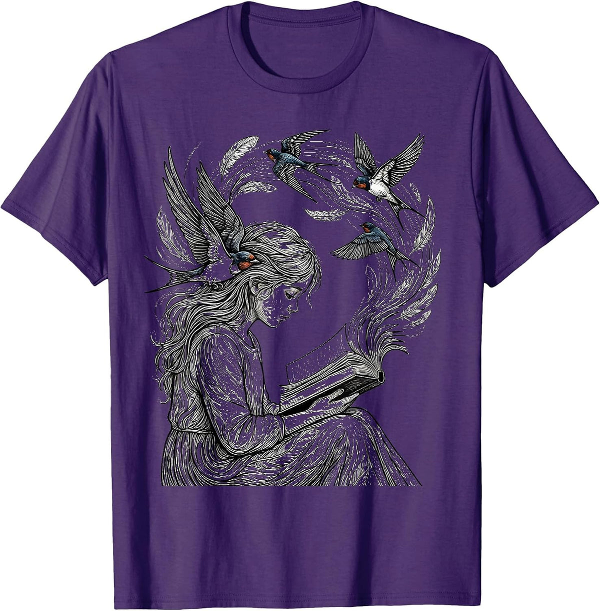 Men's Autism Awareness Reading Girl Birds Illustration T-Shirt - Purple