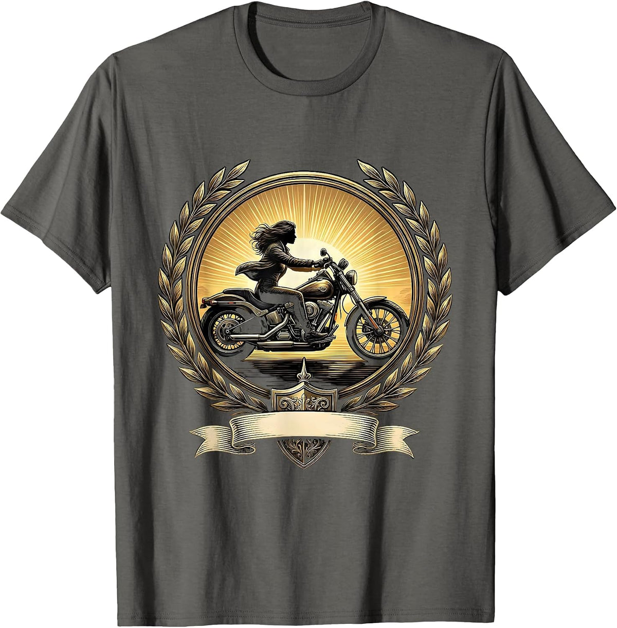 Woman Rider Cruiser Motorcycle Sunset Graphic T-Shirt - Asphalt Grey