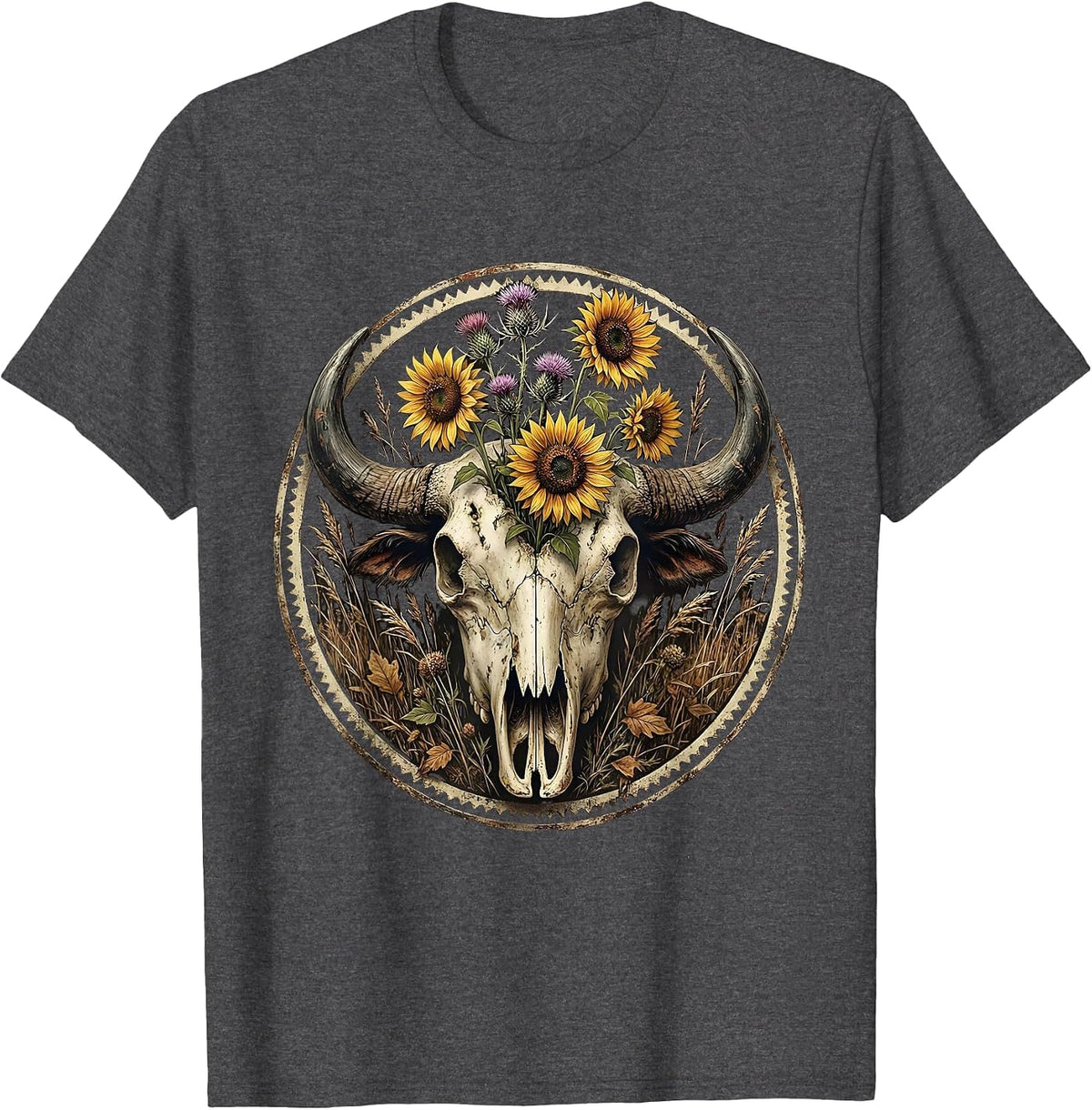 Buffalo Skull Wildflowers Freedom Graphic Design T-Shirt - Dark Heather Grey