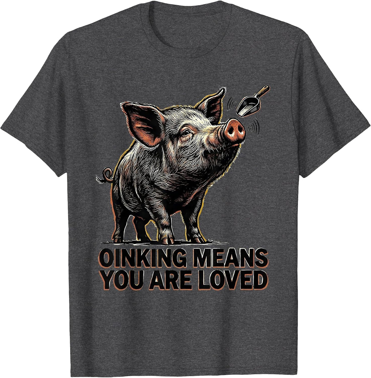 Men's Oinking Means You Are Loved Funny Pig Lover Linocut Art T-Shirt - Dark Heather Grey