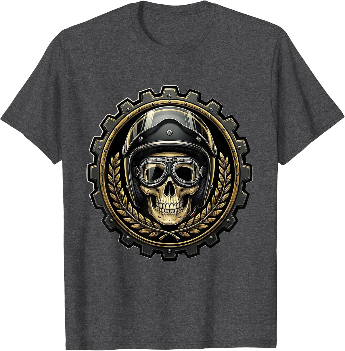 Skull Motorcycle Helmet and Goggles Biker Graphic T-Shirt - Dark Heather Grey