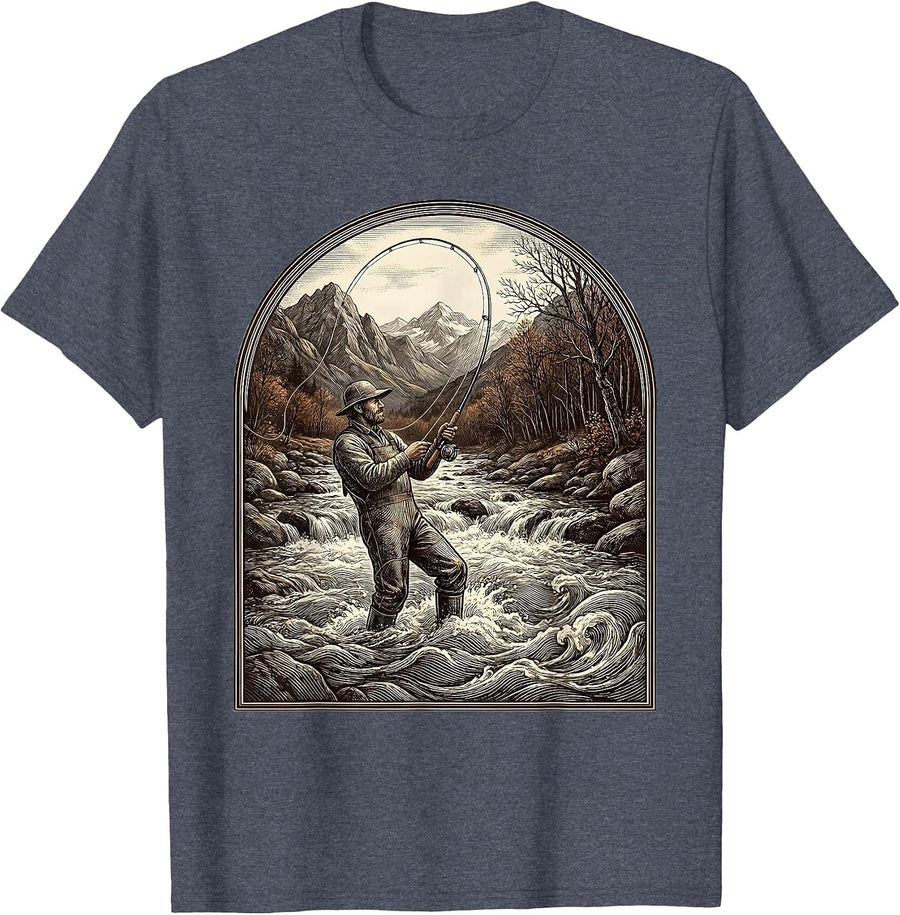 Fly Fishing Mountain Stream Fall Illustration T-Shirt - Heather Blue