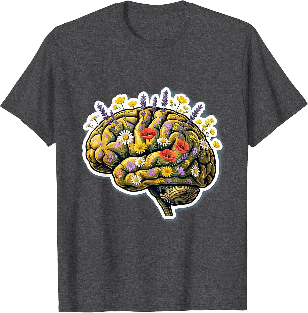 Autism Awareness Wildflower Brain Illustration T-Shirt - Dark Heather Grey