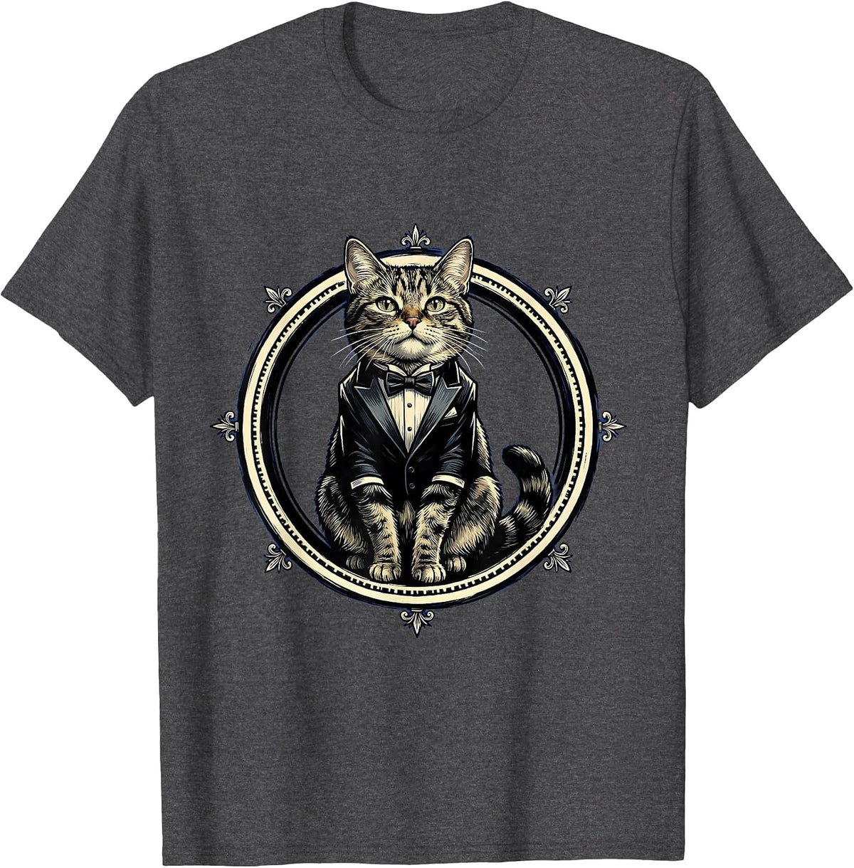 Dapper Cat in Miniature Tuxedo Illustration T-Shirt - Dark Heather Grey