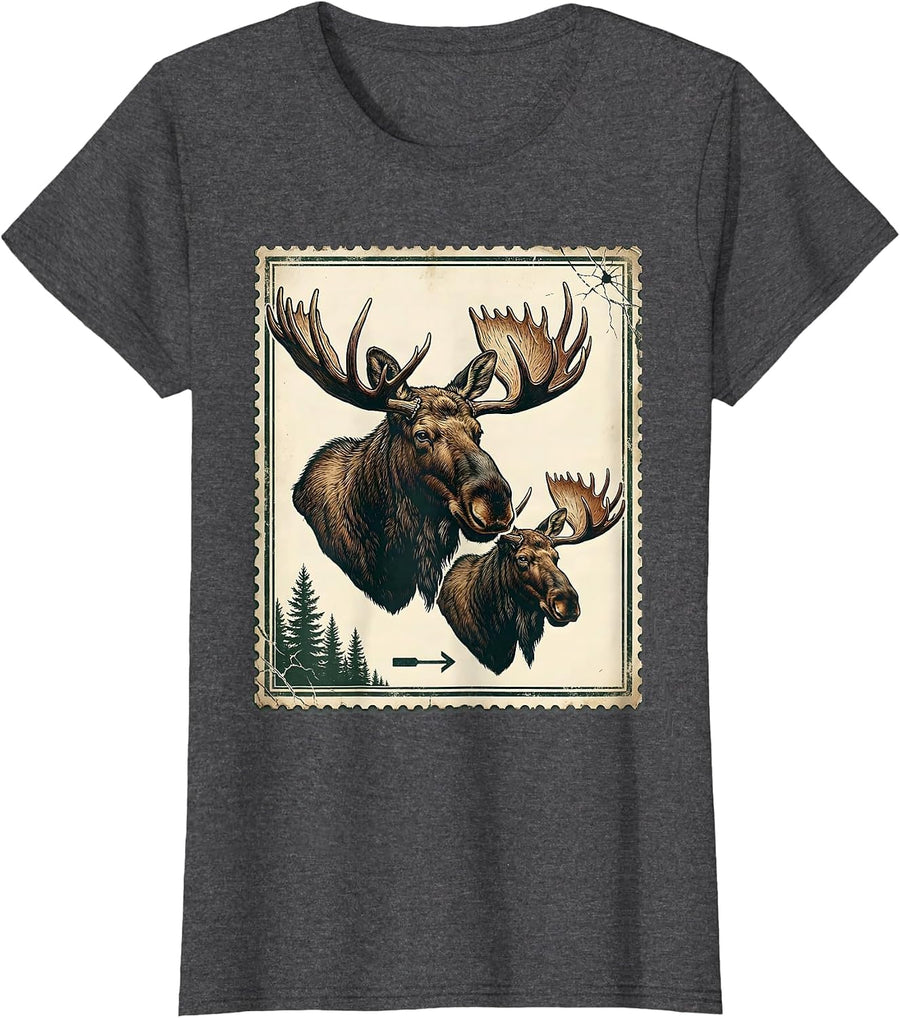 Women's Vintage Moose Lover Humor Wildlife Outdoor T-Shirt - Dark Heather Grey