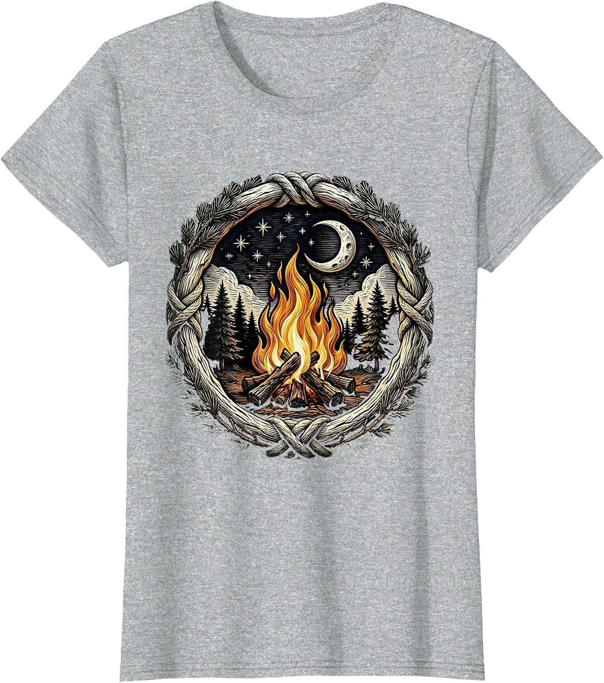 Women's Vintage Campfire Starry Night Outdoor Design T-Shirt - Heather Grey