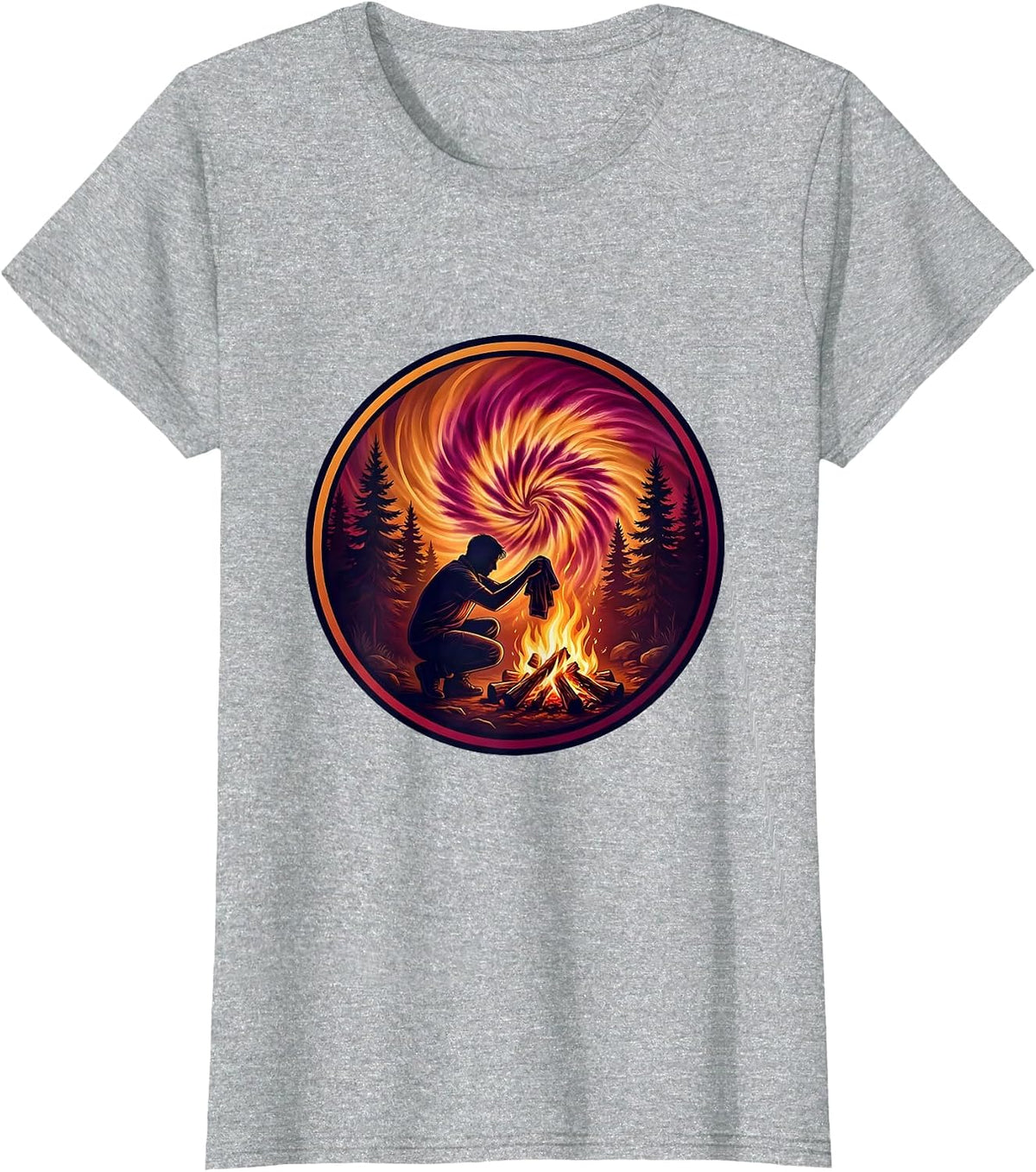 Women's Tie Dye Campfire Forest Graphic T-Shirt - Heather Grey
