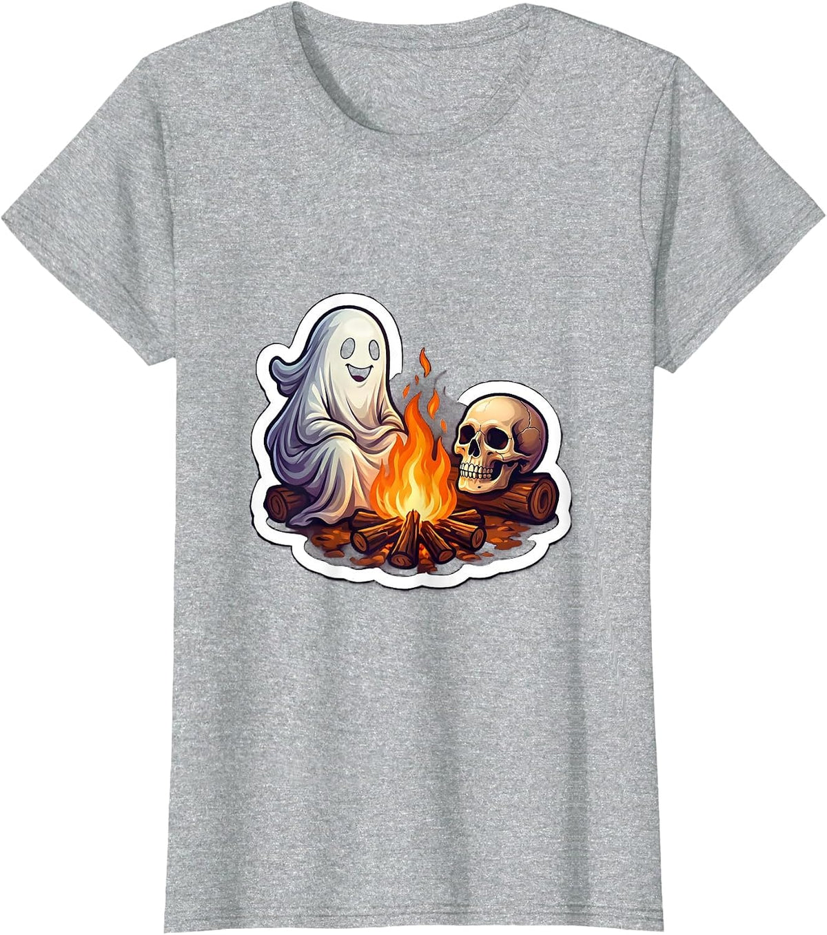 Ghost and Skull Campfire Spooky Illustration T-Shirt - Heather Grey