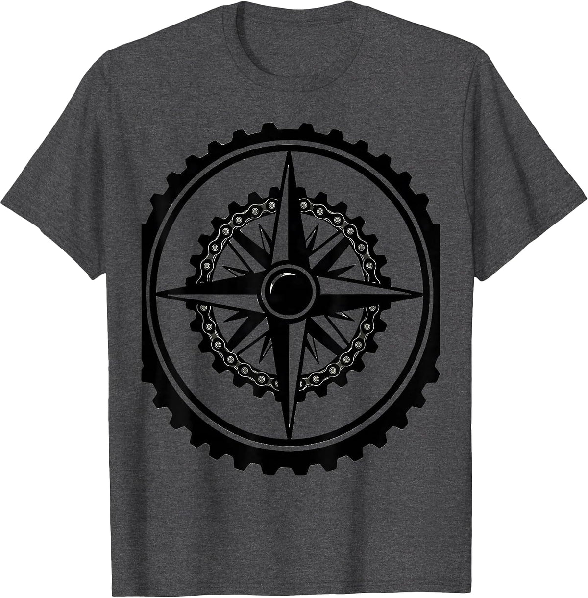 Motorcycle Sprocket Compass Rose Biker Graphic T-Shirt - Dark Heather Grey