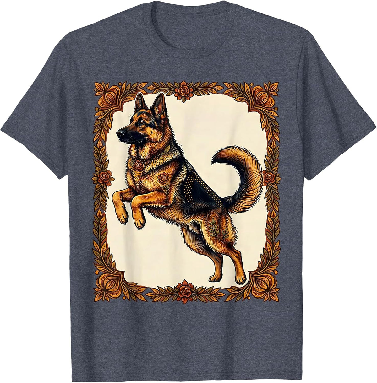 German Shepherd Mid-Leap Graphic Design T-Shirt - Heather Blue