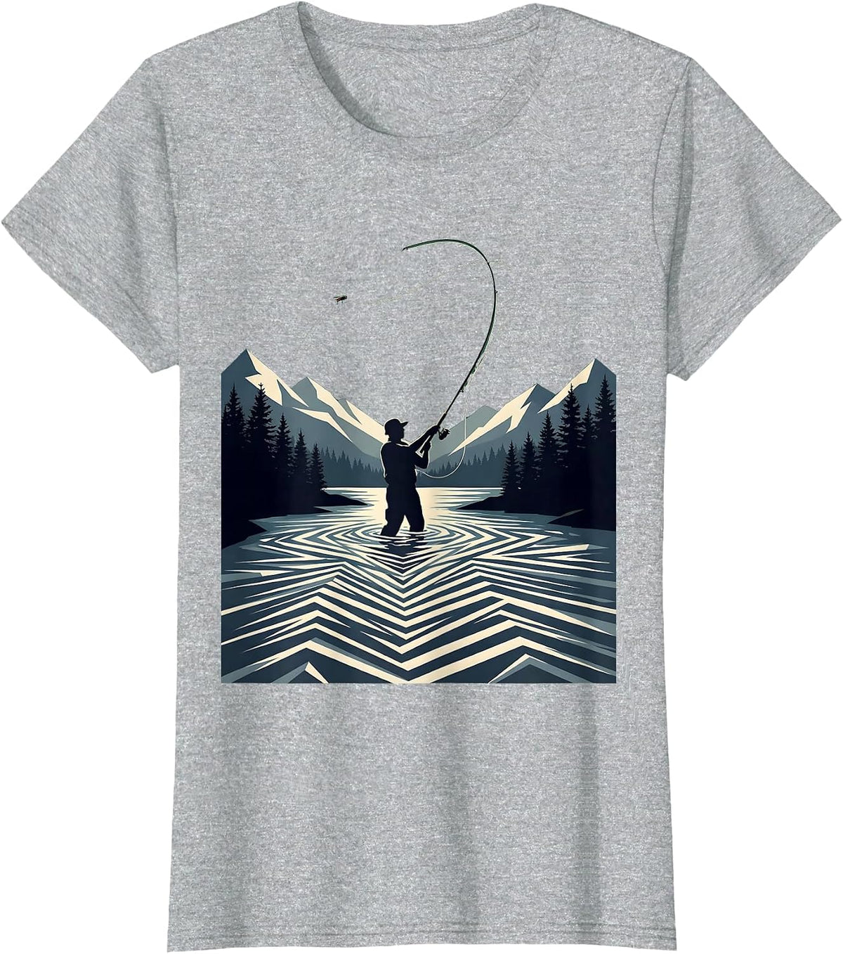 Fly Fishing Mountain River Graphic Tee T-Shirt - Heather Grey