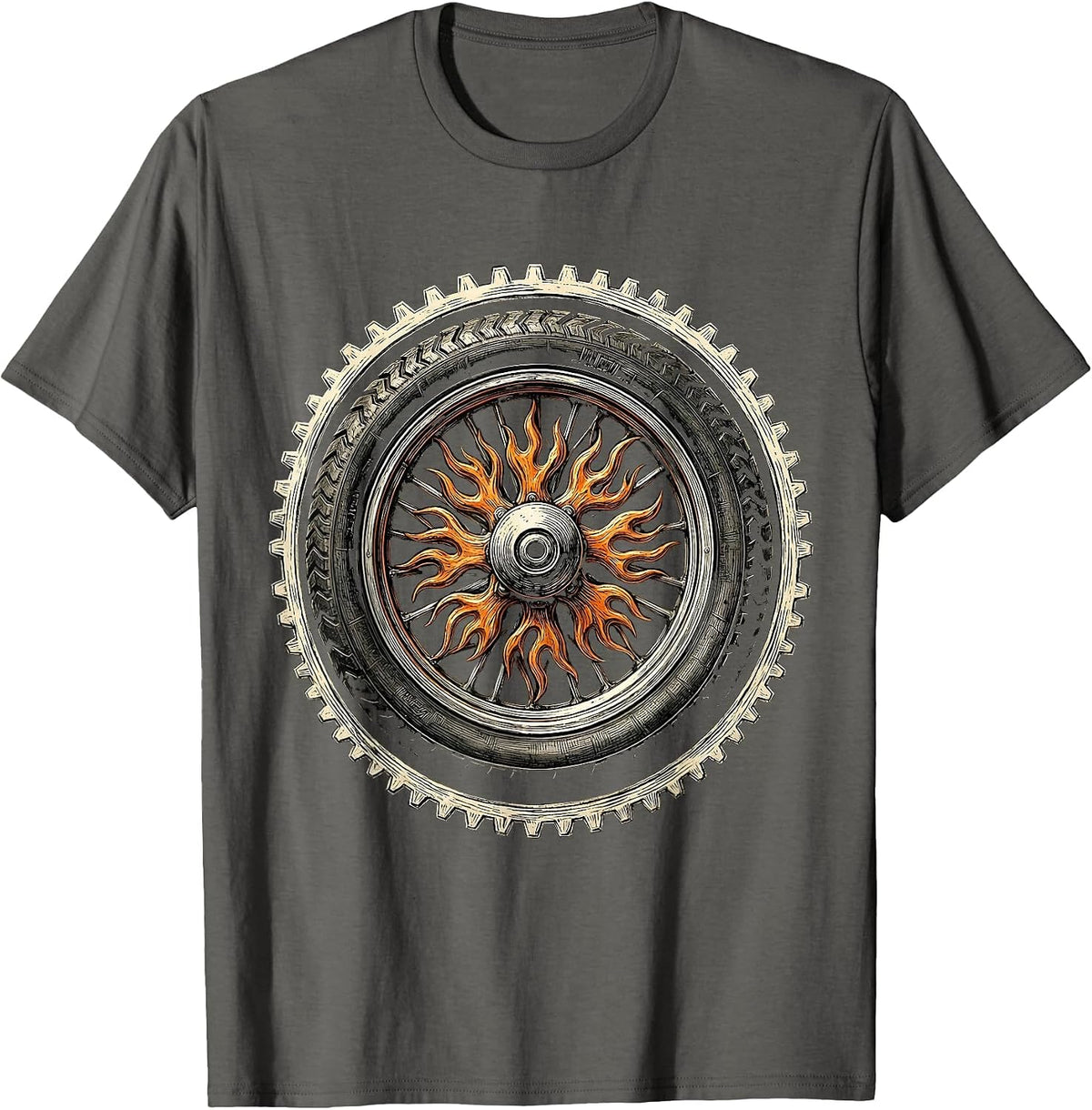 Motorcycle Wheel Fiery Spokes Graphic Tee T-Shirt - Asphalt Grey