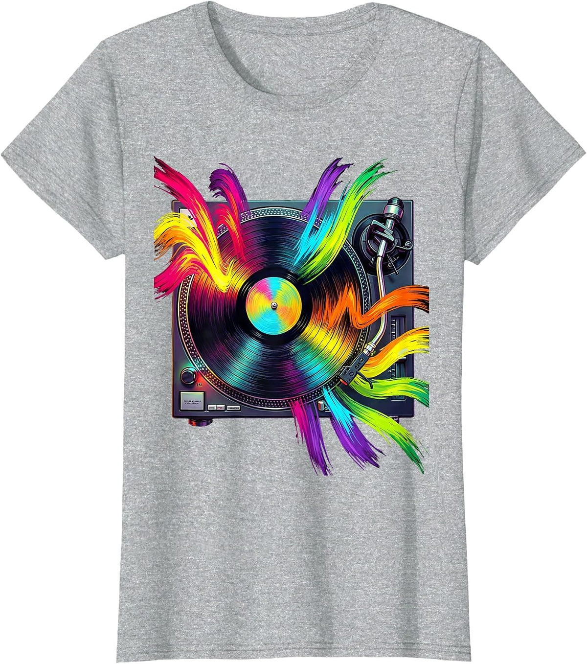 Women's Retro Turntable Exploding Sound Waves Disco T-Shirt - Heather Grey