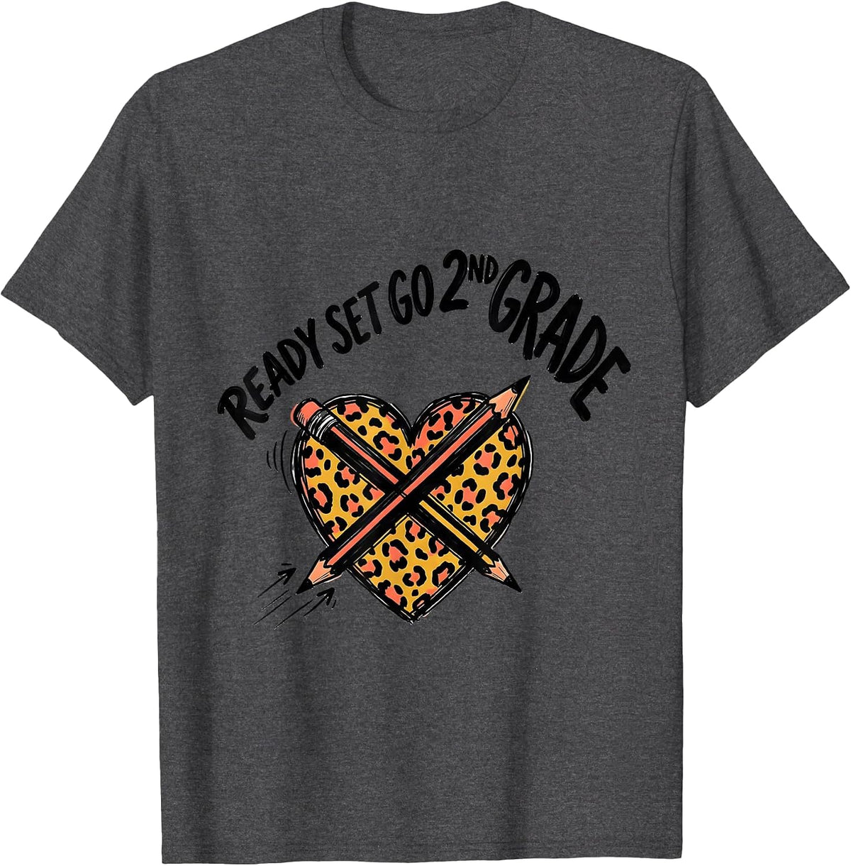 Ready Set Go 2nd Grade Leopard Heart Back To School Girl T-Shirt - Dark Heather Grey