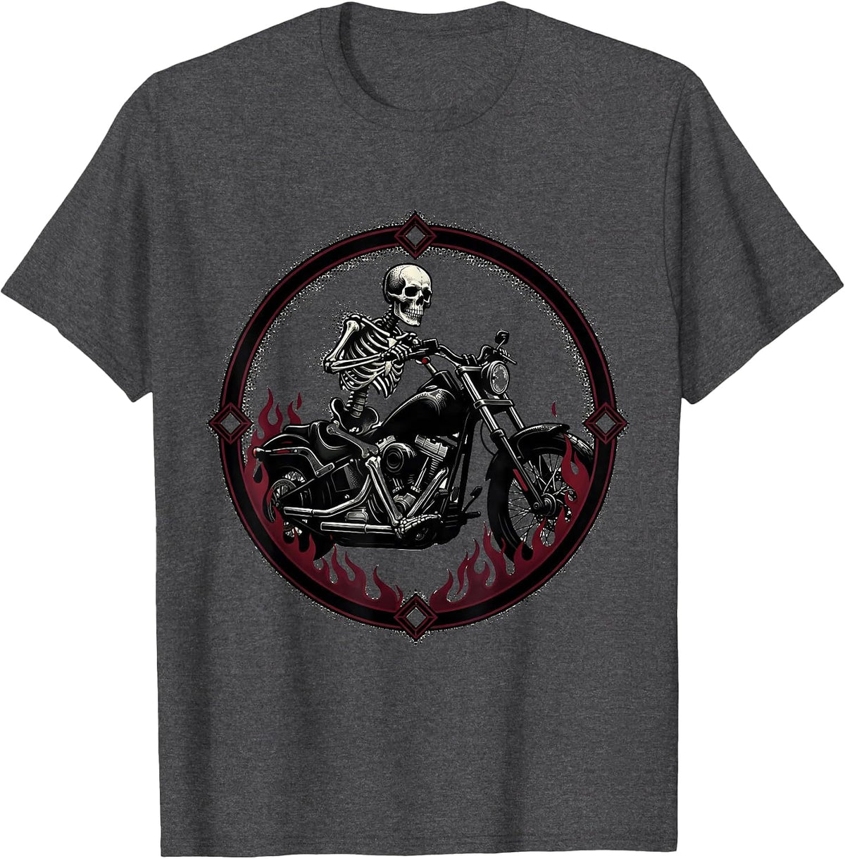 Men's Skeleton Rider Flaming Motorcycle Biker Graphic T-Shirt - Dark Heather Grey