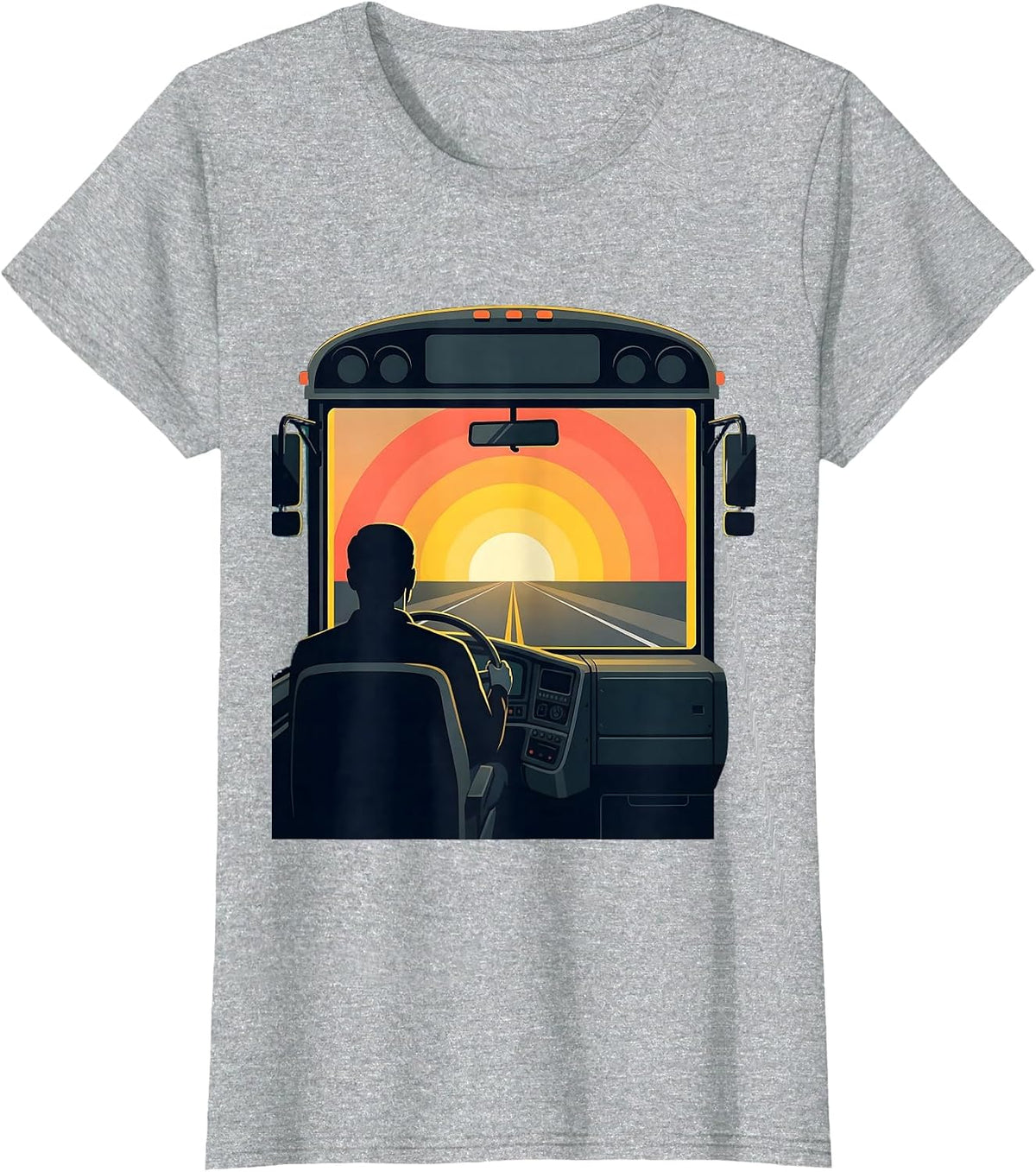 School Bus Driver Silhouette Sunrise Road Graphic T-Shirt - Heather Grey