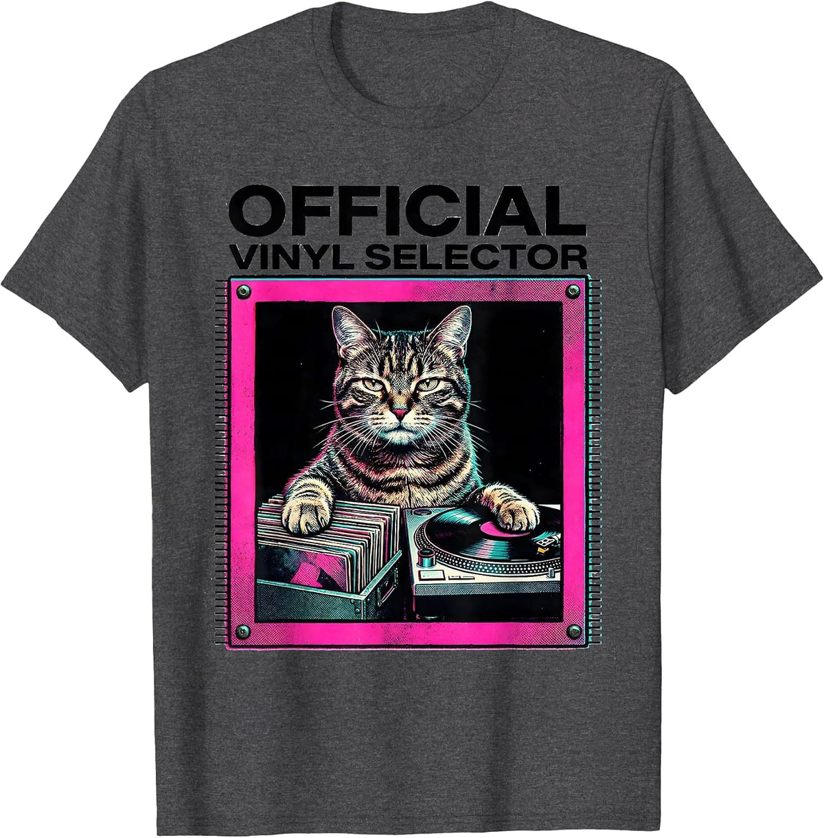 Official Vinyl Selector Risograph Funny Cat DJ Rock Music T-Shirt - Dark Heather Grey
