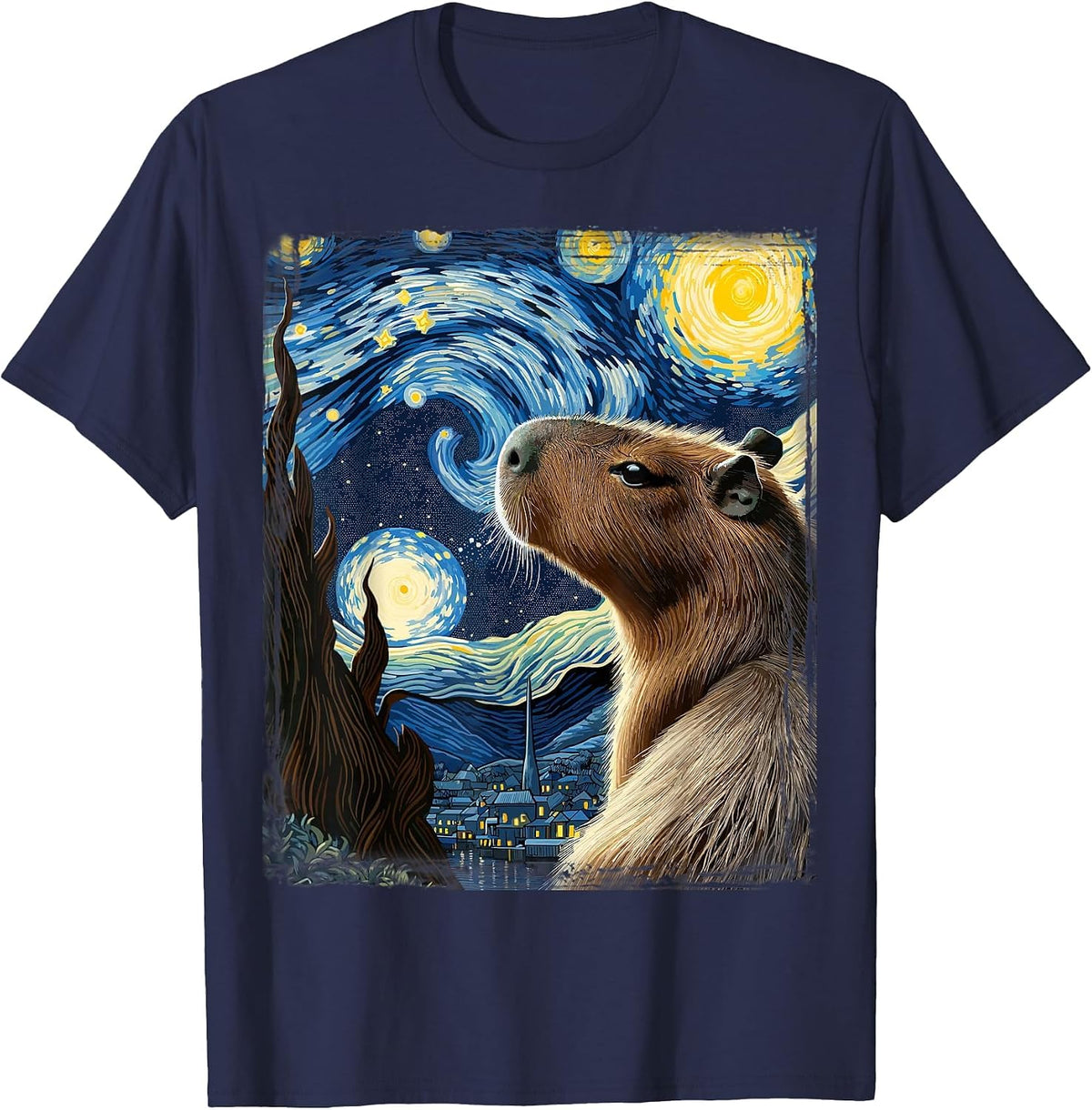 Van Gogh Style Starry Night Capybara T-Shirt - Navy Blue