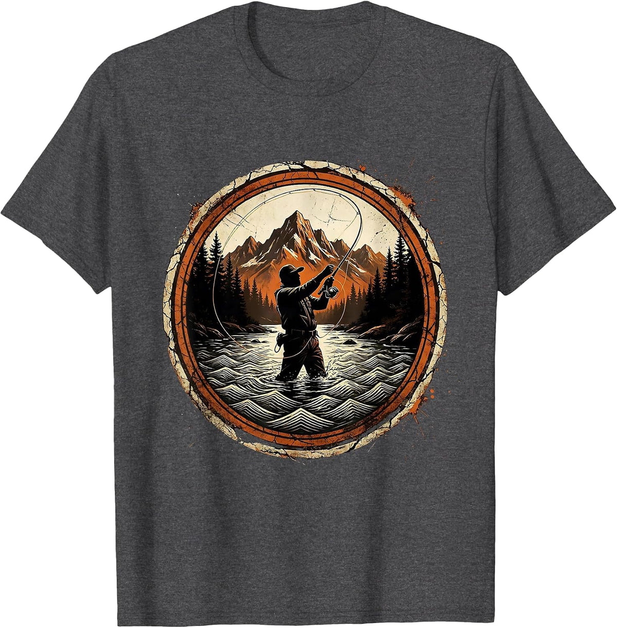 Fly Fishing Mountain River Graphic Design T-Shirt - Dark Heather Grey