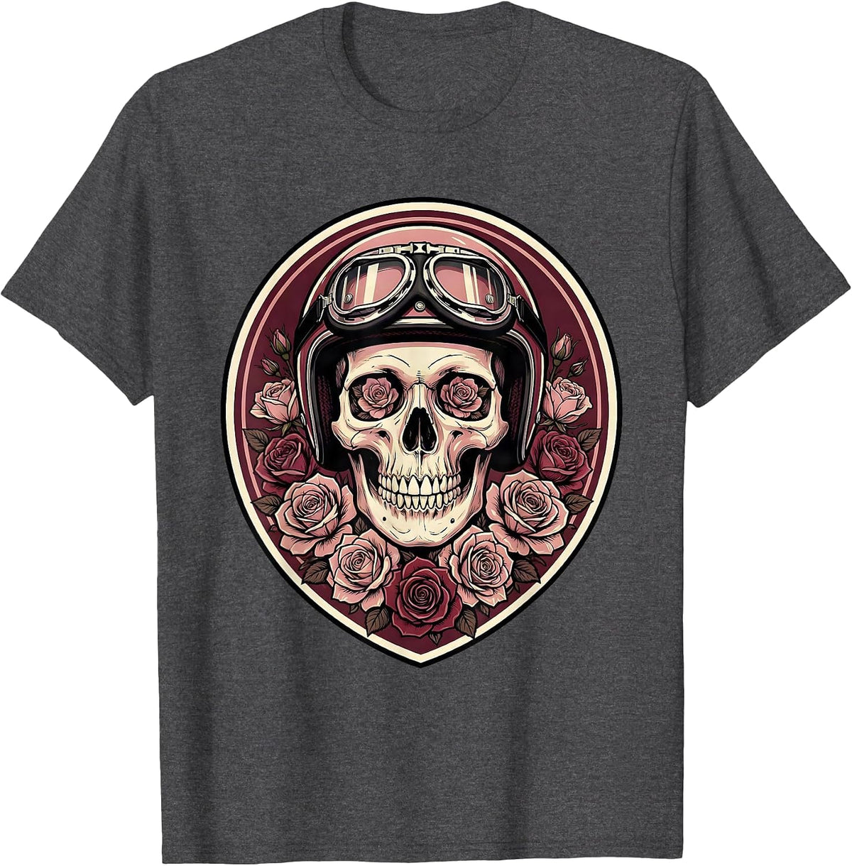 Feminine Skull Vintage Motorcycle Helmet Graphic T-Shirt - Dark Heather Grey