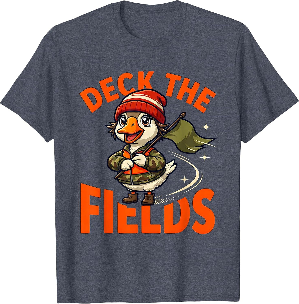 DECK THE FIELDS Funny Cartoon Goose Hunter Christmas T-Shirt - Heather Blue
