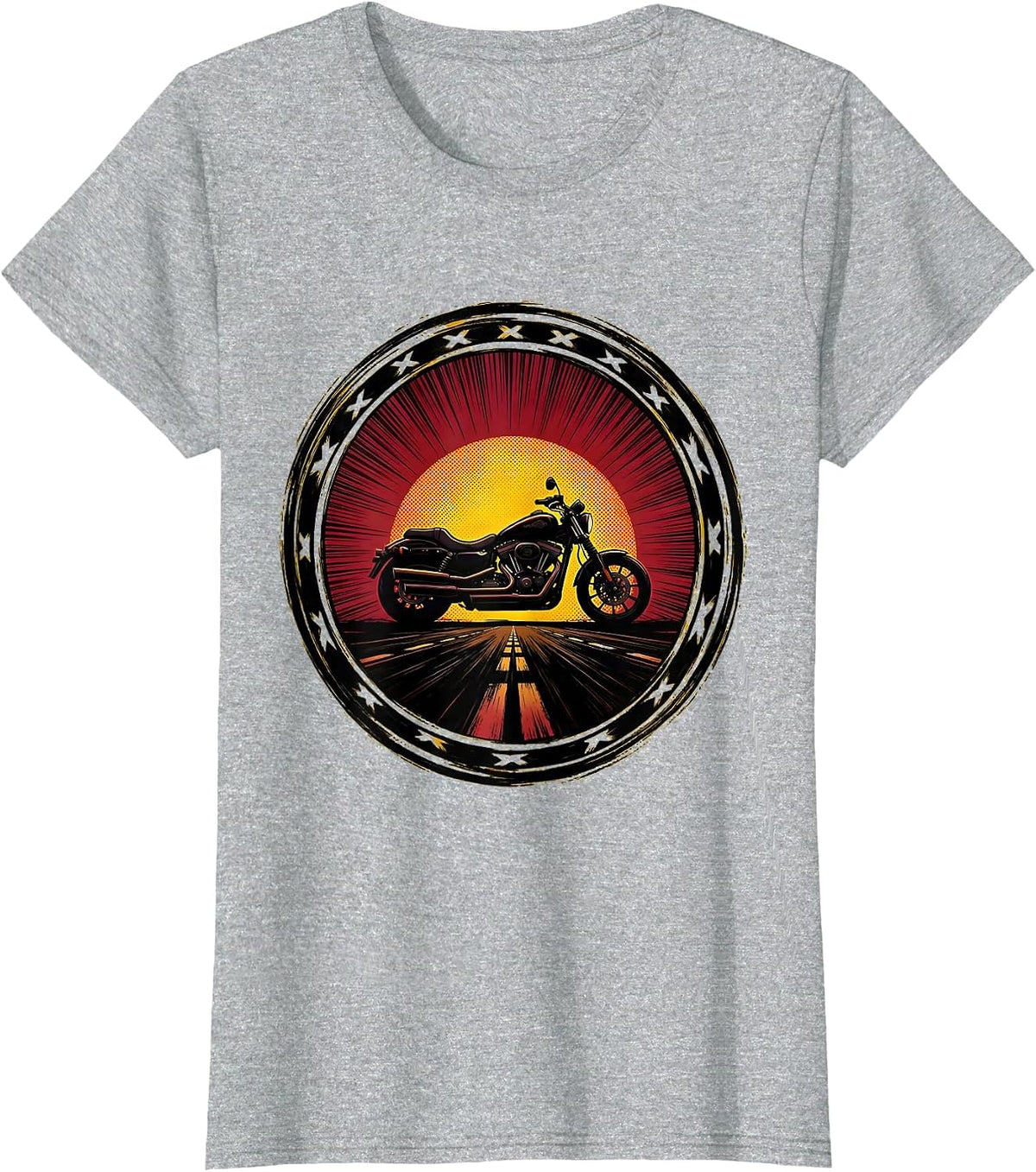 Retro 80s Motorcycle Sunset Silhouette Design T-Shirt - Heather Grey