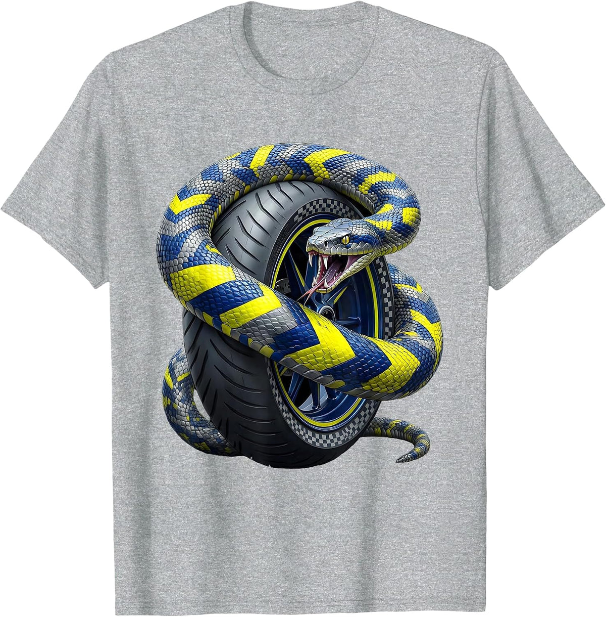 Men's Snake Coiled Around Spinning Tire Motorcycle Art T-Shirt - Heather Grey