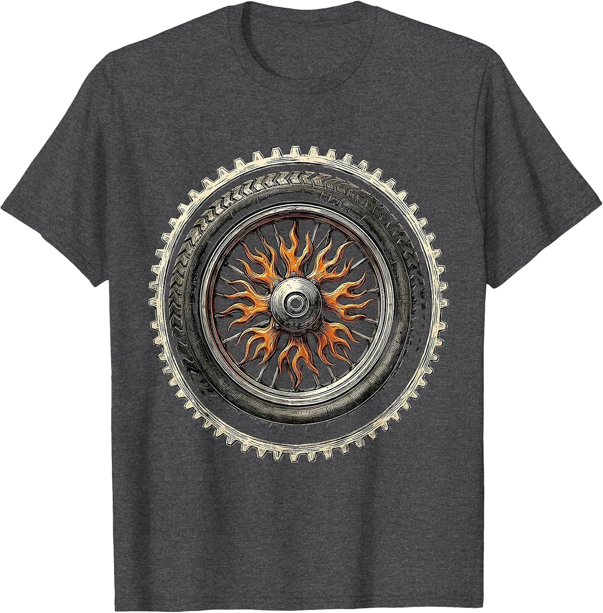 Motorcycle Wheel Fiery Spokes Graphic Tee T-Shirt - Dark Heather Grey