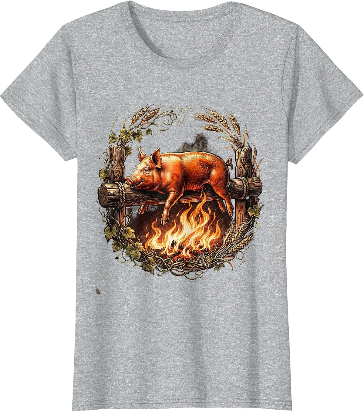 Oktoberfest Roasted Pig on Spit Illustration T-Shirt - Heather Grey
