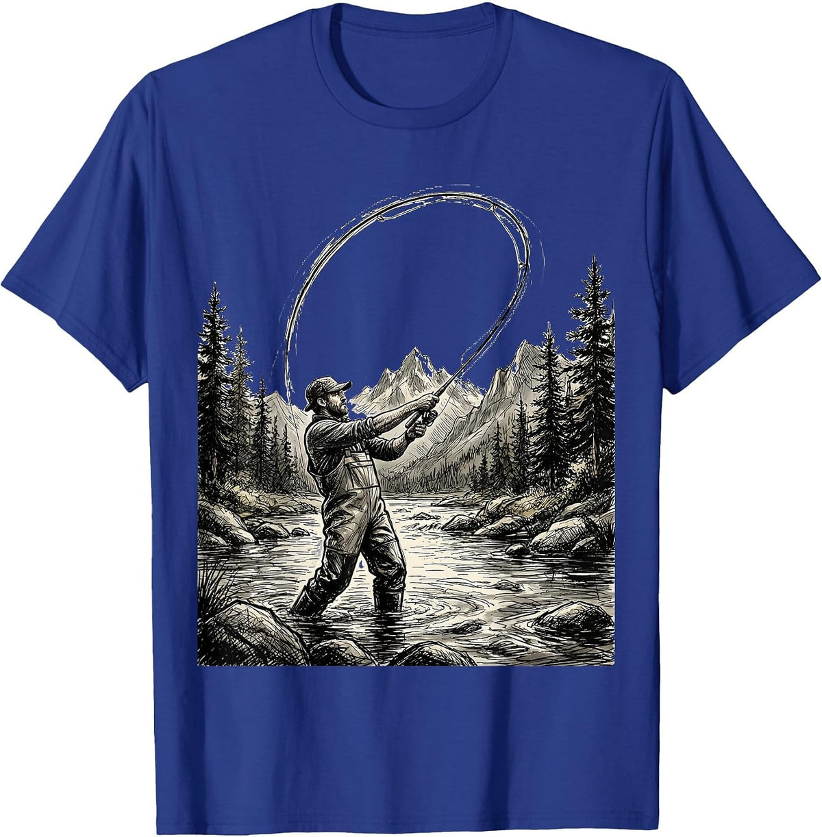Fly Fisherman Casting in Mountain Stream T-Shirt - Royal Blue