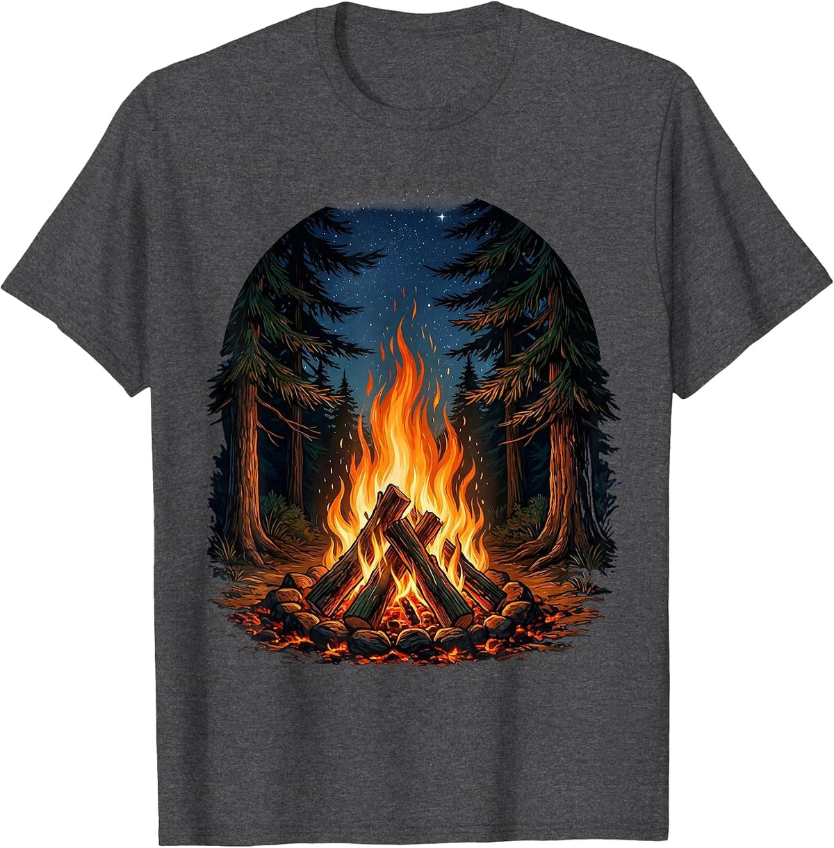 Men's Campfire Night Sky Pine Tree Wilderness Design T-Shirt - Dark Heather Grey