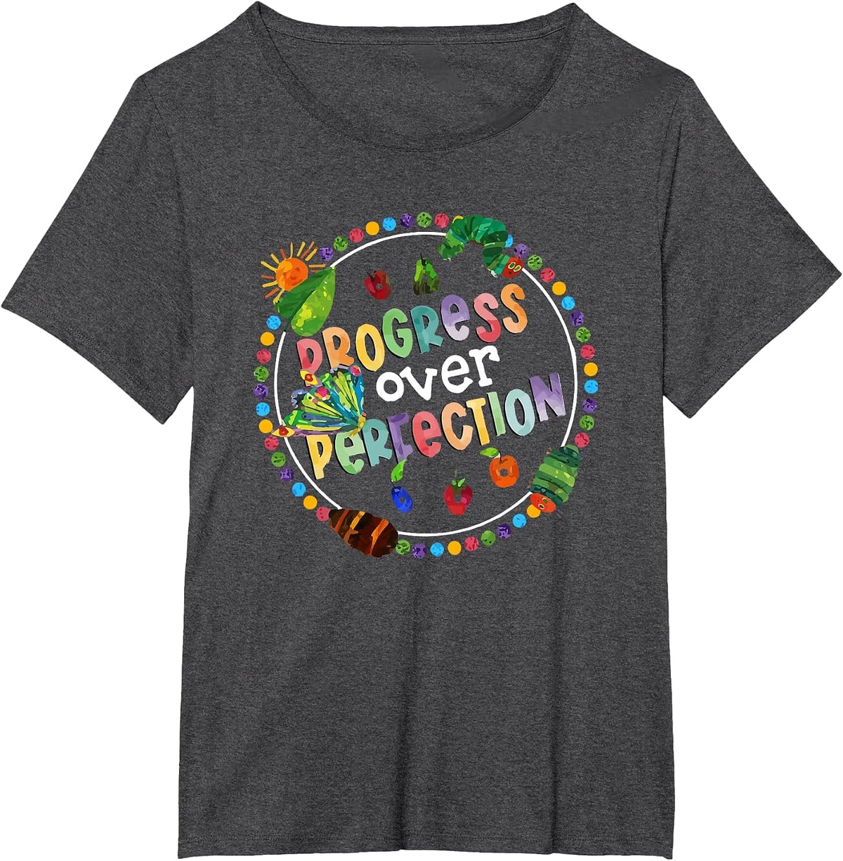 Progress Over Perfection Caterpillar Back to School Teacher T-Shirt - Dark Heather Grey