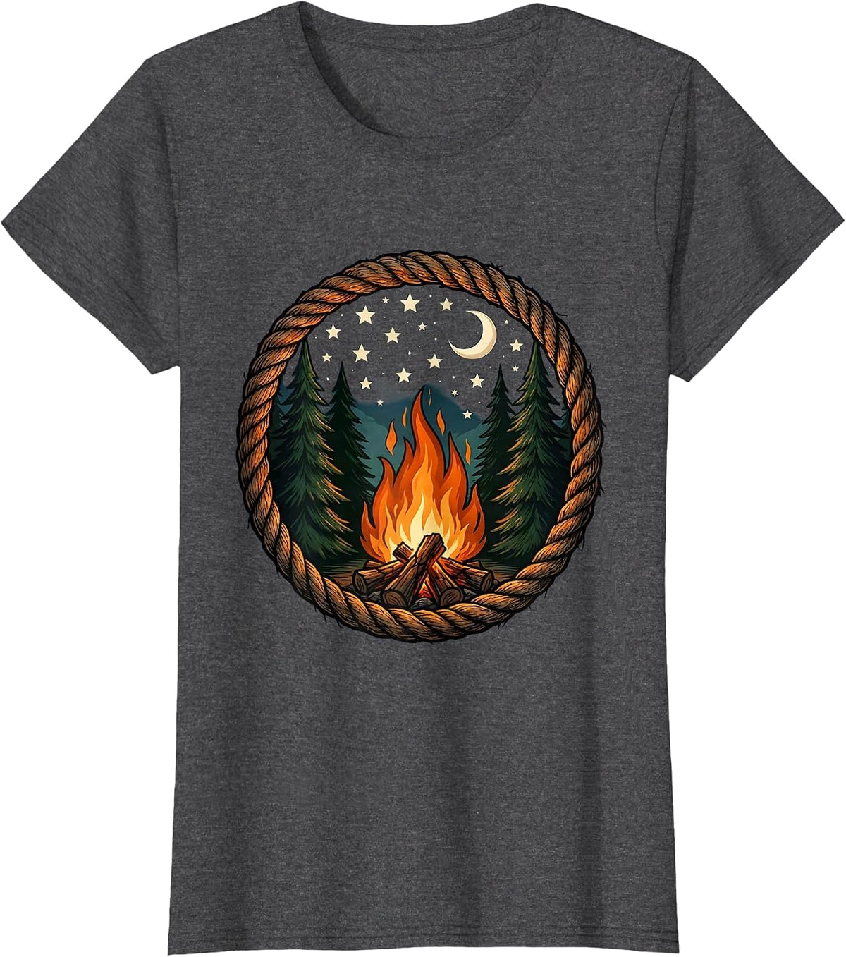 Women's Campfire Under a Starry Night Sky Illustration T-Shirt - Dark Heather Grey