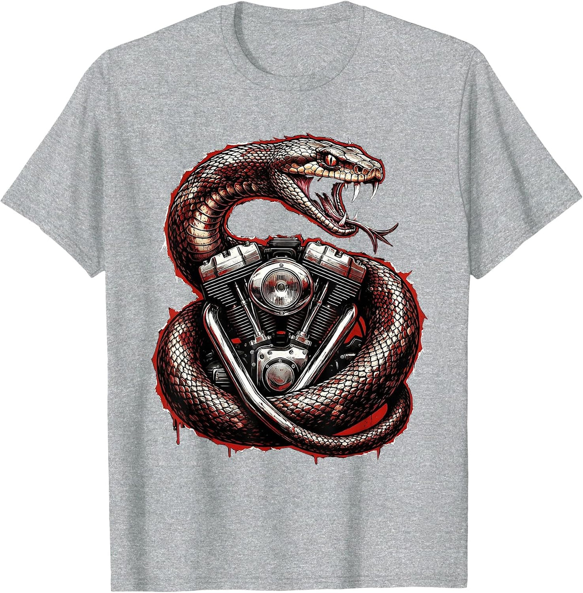 Men's Snake Coiled Vintage Motorcycle Engine Biker Art T-Shirt - Heather Grey