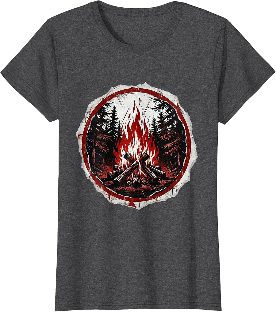 Women's Lone Campfire Glowing in Dark Forest Illustration T-Shirt - Dark Heather Grey