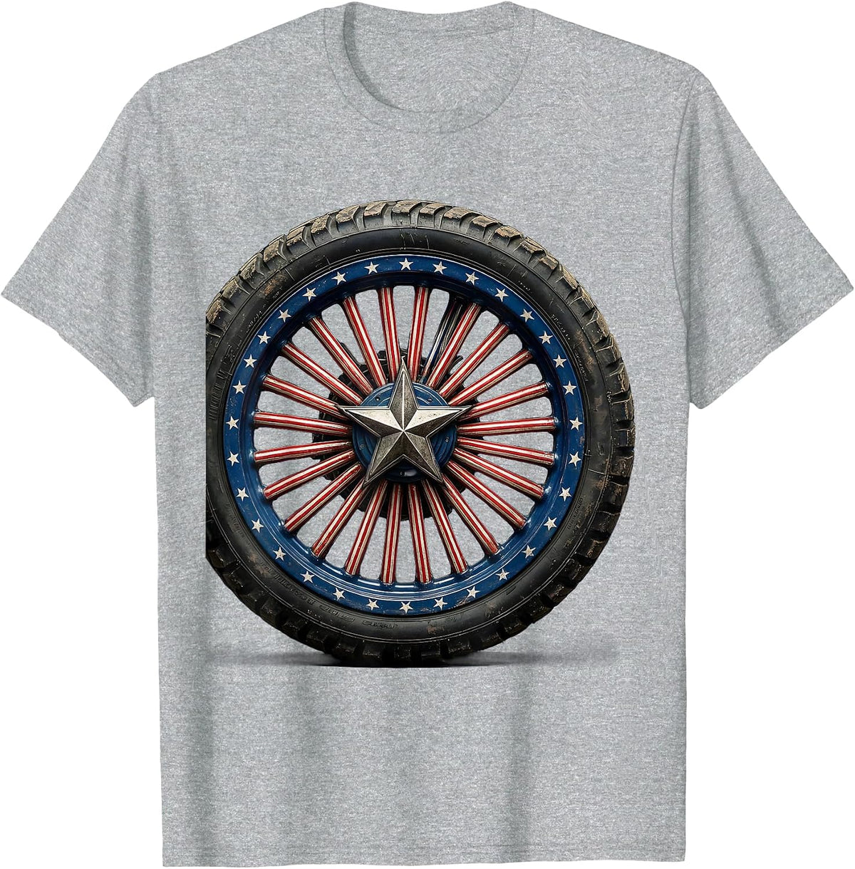 Men's Patriotic Motorcycle Wheel Star-Spangled Spokes T-Shirt - Heather Grey