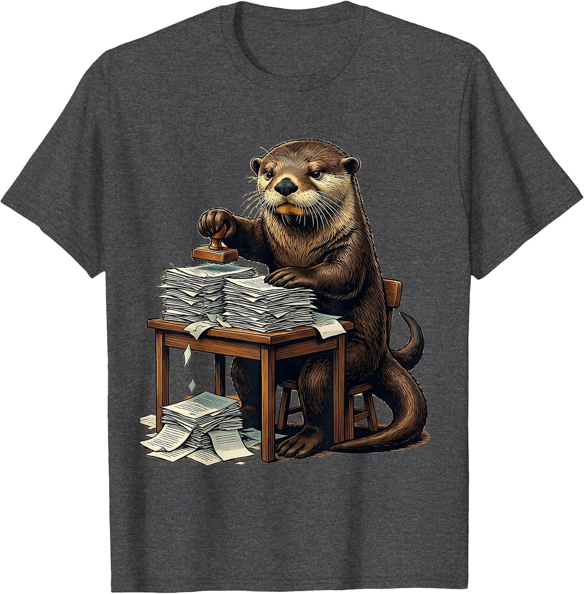 Sea Otter Desk Funny Otter Lover Gift T-Shirt - Dark Heather Grey