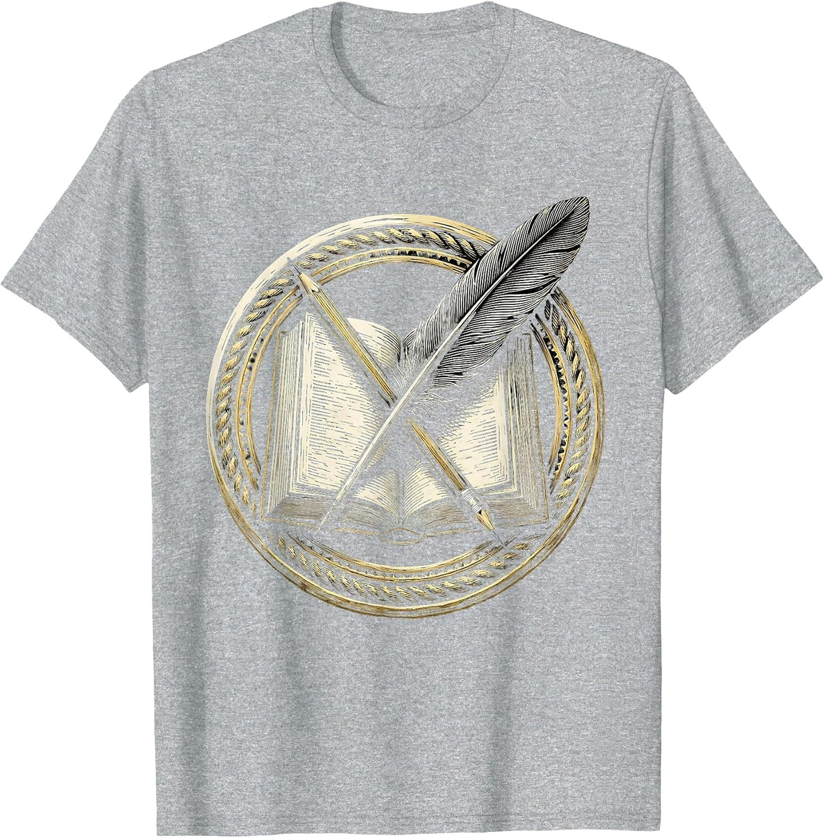 Men's English Teacher Open Book Pencil and Quill Design T-Shirt - Heather Grey