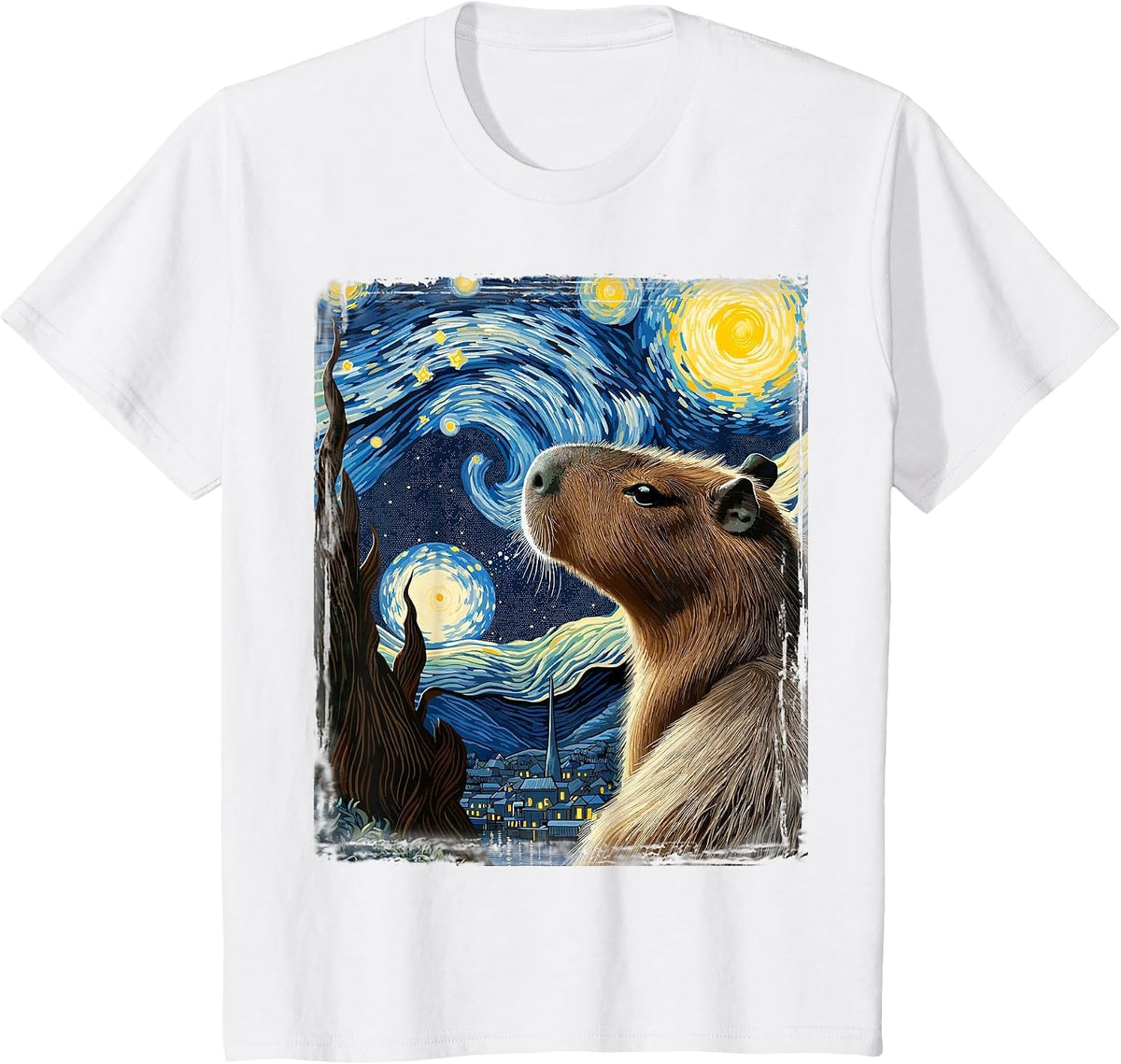 Van Gogh Style Starry Night Capybara T-Shirt - White