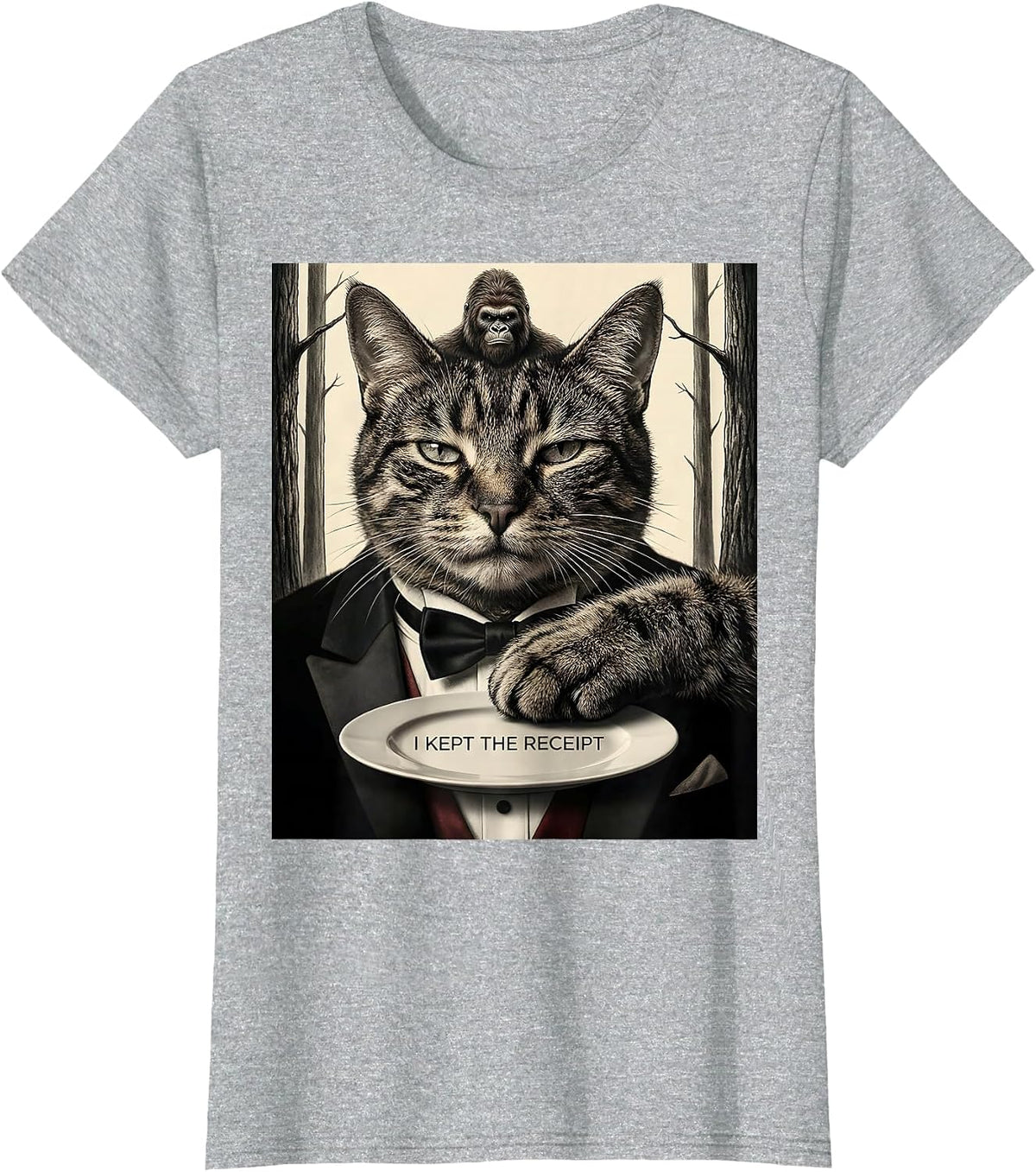 Women's I Kept The Receipt Funny Cat Selfie With Sasquatch Bigfoot T-Shirt - Heather Grey
