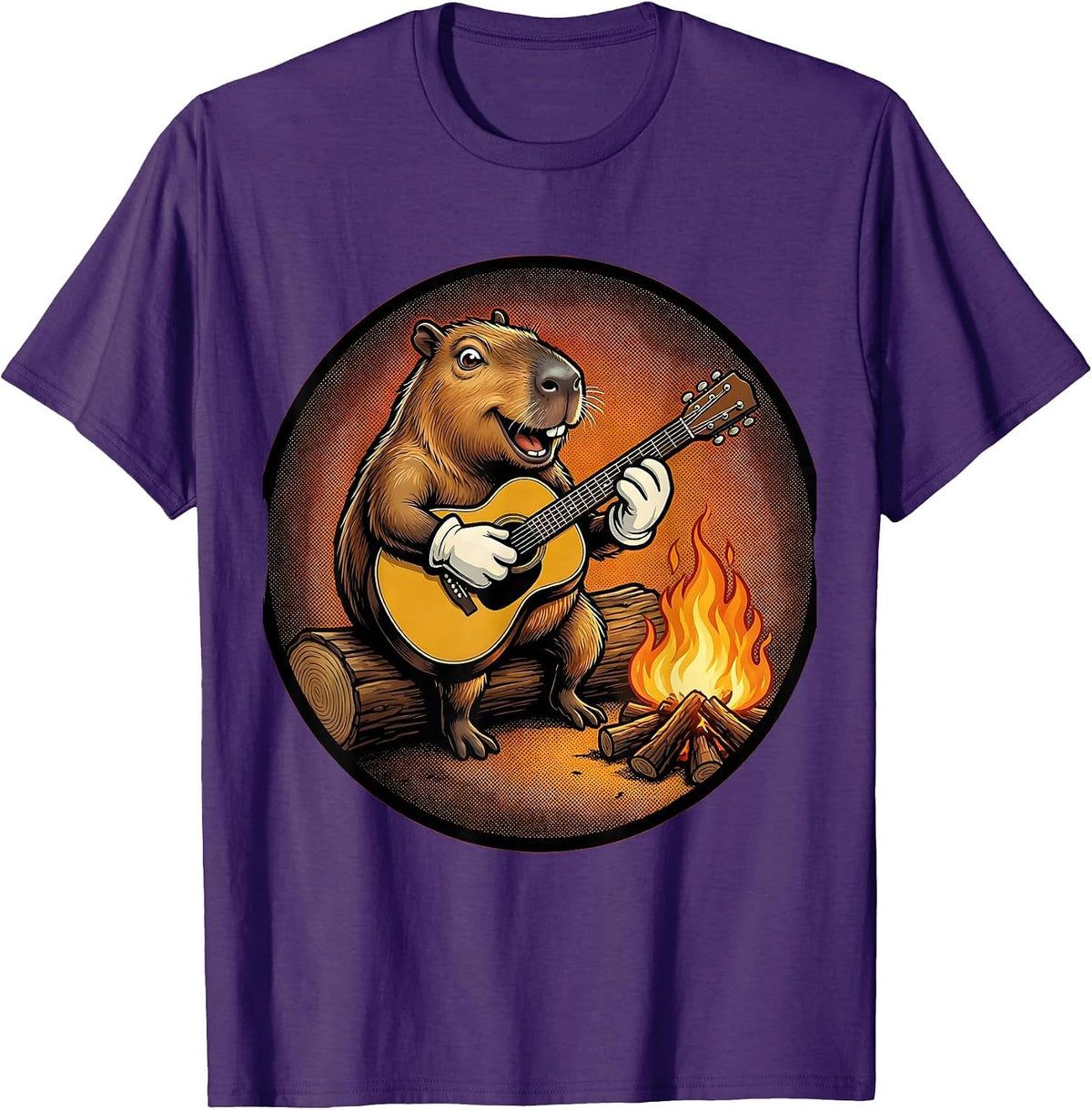 Men's Capybara Guitar Campfire Music Illustration T-Shirt - Purple